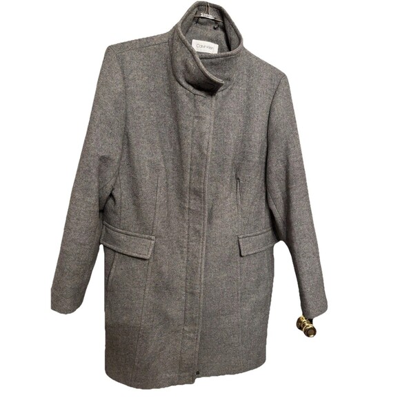 Calvin Klein Wool Blend Gray Tweed Stand Collar Walker Coat Women’s Sz 18 Zips - Picture 10 of 15